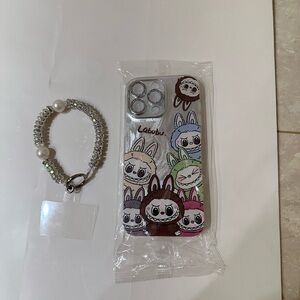 Labubu Cartoon Phone Case with Beaded Keychain for IPhone 16 Pro Max.